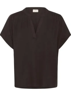 Blouse marron unie pourvue d'un col tunisien et de manches courtes