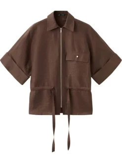 Blouse marron unie pourvue d'une coupe droite et de manches courtes