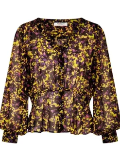 Blouse multicolore moucheté à coupe péplum col v et à manches longues