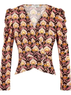 Blouse noire avec imprimé floral all-over coupe péplum col cache-coeur