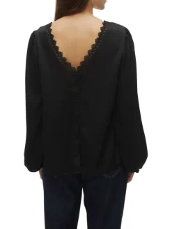 Blouse noire en dentelle à coupe ample col v et à manches longues