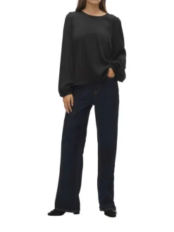 Blouse noire en dentelle à coupe ample col v et à manches longues