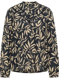 Blouse noire et taupe ornée d'un motif fantaisie avec un col tunisien