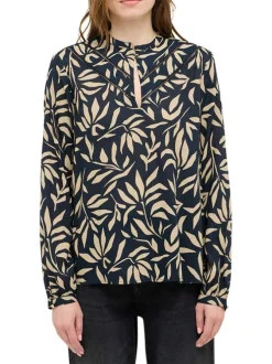 Blouse noire et taupe ornée d'un motif fantaisie avec un col tunisien