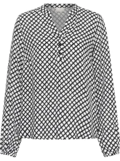 Blouse noire géométrique pourvue d'une coupe droite et d'un col tunisien
