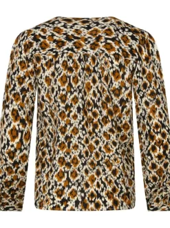 Blouse noire à imprimé panthère à coupe droite, col v et à manches longues
