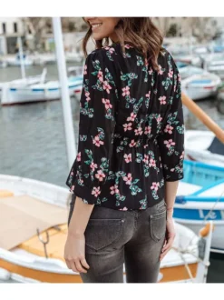 Blouse noire pour femme avec imprimé liberty coupe évasée