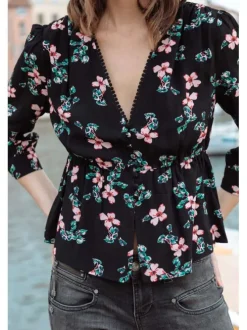 Blouse noire pour femme avec imprimé liberty coupe évasée