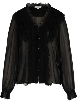 Blouse noire transparente et à volants avec une coupe droite et un col V