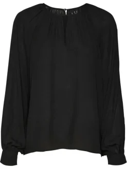 Blouse noire unie avec une coupe droite col rond et à manches longues