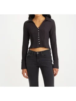 Blouse noire unie en maille côtelé avec boutons argentés métallisés