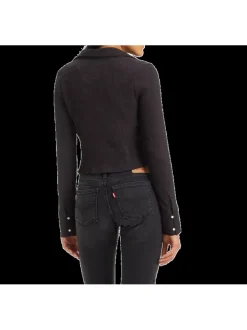 Blouse noire unie en maille côtelé avec boutons argentés métallisés