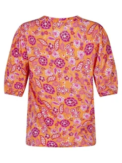Blouse orange florale pourvue d'une coupe ample et des manches 3/4
