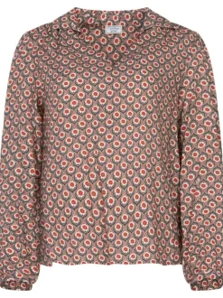 Blouse rouge fleurie à coupe droite col v et à manches longues