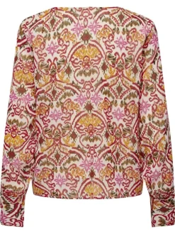 Blouse rouge imprimée coupe droite col v et à manches longues