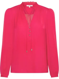 Blouse rouge unie à coupe droite col ruffle et à manches longues