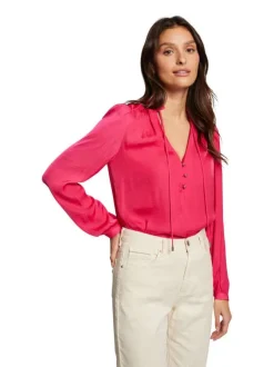 Blouse rouge unie à coupe droite col ruffle et à manches longues