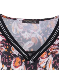 Blouse TIME noire et orange fantaisie coupe droite col v