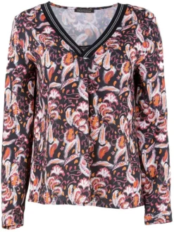 Blouse TIME noire et orange fantaisie coupe droite col v