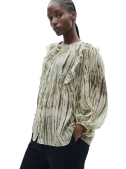 Blouse verte rayée ample à col v et à manches longues avec volants