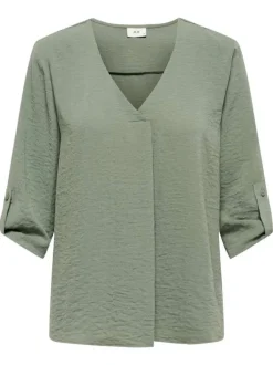Blouse verte unie à coupe fluide et à col v avec des manches 3/4 boutonnées