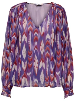 Blouse violette imprimé abstrait à coupe droite col v et à manches longues