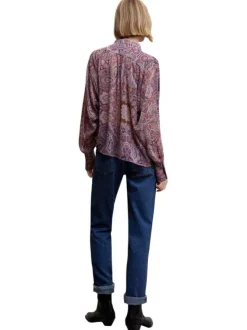 Blouse violette imprimé avec une coupe droite fluide et un col montant
