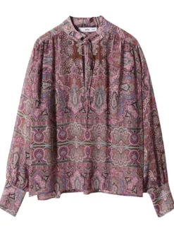 Blouse violette imprimé avec une coupe droite fluide et un col montant