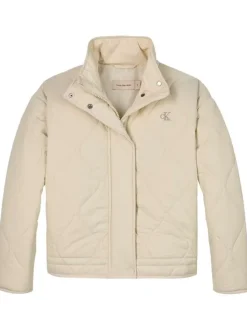 Blouson beige uni à coupe droite, col montant et aspect matelassé