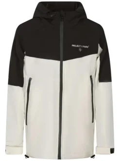 Blouson écru bicolore avec un col à capuche ajustable et une fermeture zippée