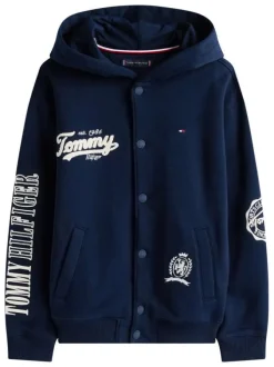 Blouson en coton marine avec un col à capuche orné d'imprimés de la marque