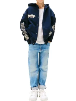 Blouson en coton marine avec un col à capuche orné d'imprimés de la marque