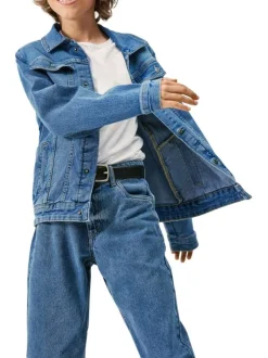 Blouson en coton mélangé bleu uni avec une coupe droite et un col français