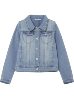 Blouson en jean en coton mélangé bleu stone uni avec un col à revers