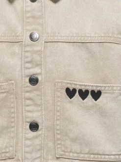 Blouson en Jean en coton beige uni à coupe droite, col à revers avec poches