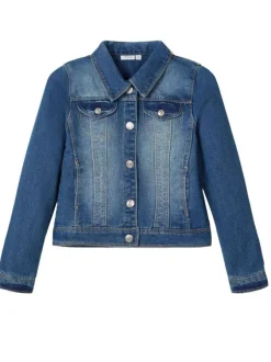 Blouson en jean en coton mélangé bleu imprimé avec une coupe droite