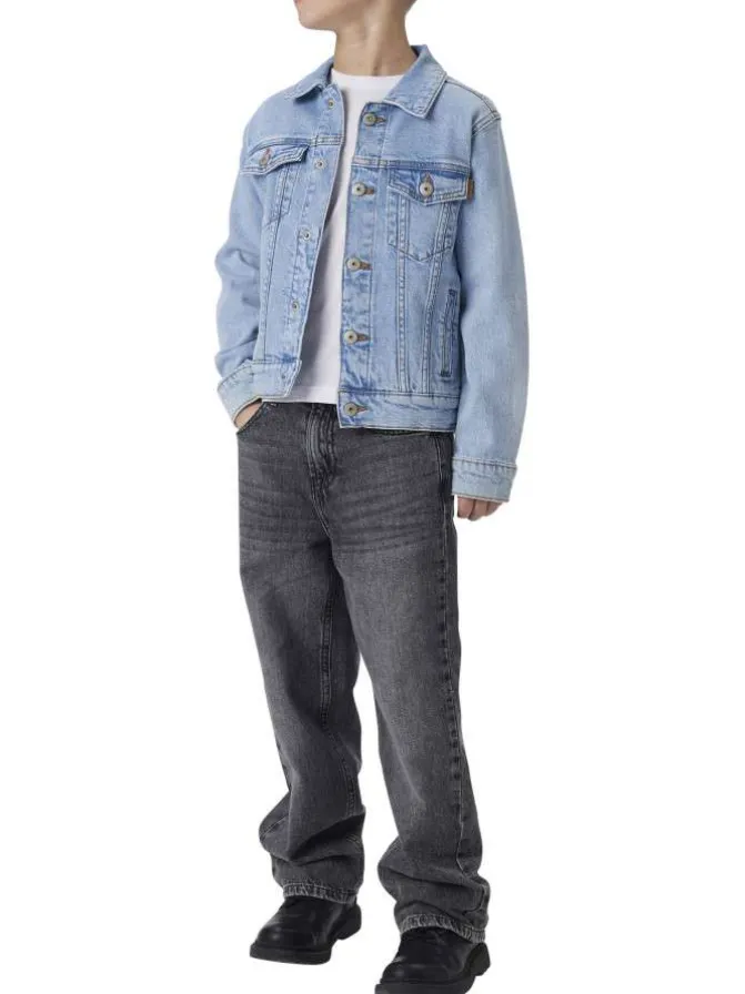 Blouson en jean stone uni pourvu d'une coupe droite et d'un col chemise