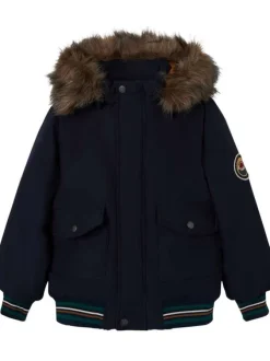 Blouson marine à capuche amovible en fausse fourrure avec un col montant