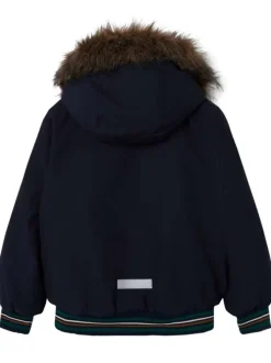 Blouson marine à capuche amovible en fausse fourrure avec un col montant