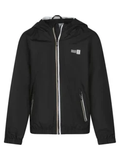 Blouson noir uni avec une coupe droite un col à capuche et des manches longues