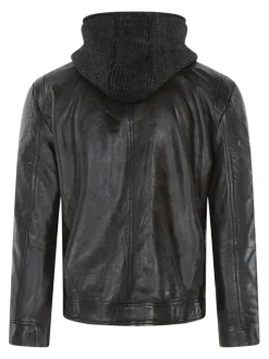 Blouson anthracite en cuir de mouton à coupe droite et avec un col à capuche