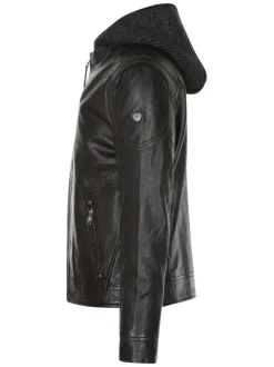 Blouson anthracite en cuir de mouton à coupe droite et avec un col à capuche