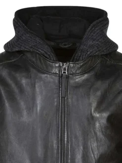 Blouson anthracite en cuir de mouton à coupe droite et avec un col à capuche