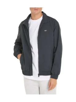 Blouson anthracite uni coupe droite avec un col montant et logo poitrine