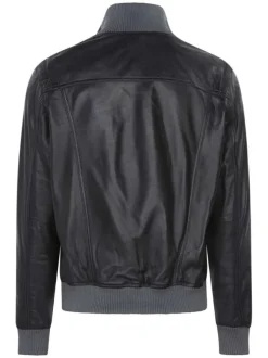 Blouson aviateur en cuir de mouton marine uni et col montant