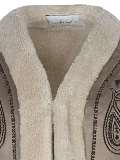 Blouson beige à coupe droite avec motifs cachemire et un col v
