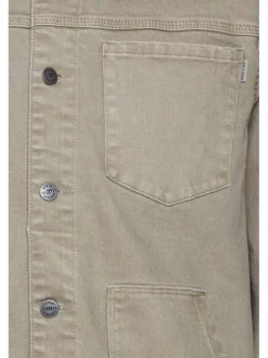 Blouson beige en coton uni coupe droite col italien à manches longues