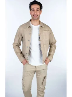 Blouson beige en coton uni coupe droite col italien à manches longues