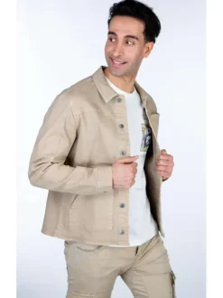 Blouson beige en coton uni coupe droite col italien à manches longues