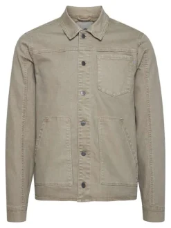 Blouson beige en coton uni coupe droite col italien à manches longues
